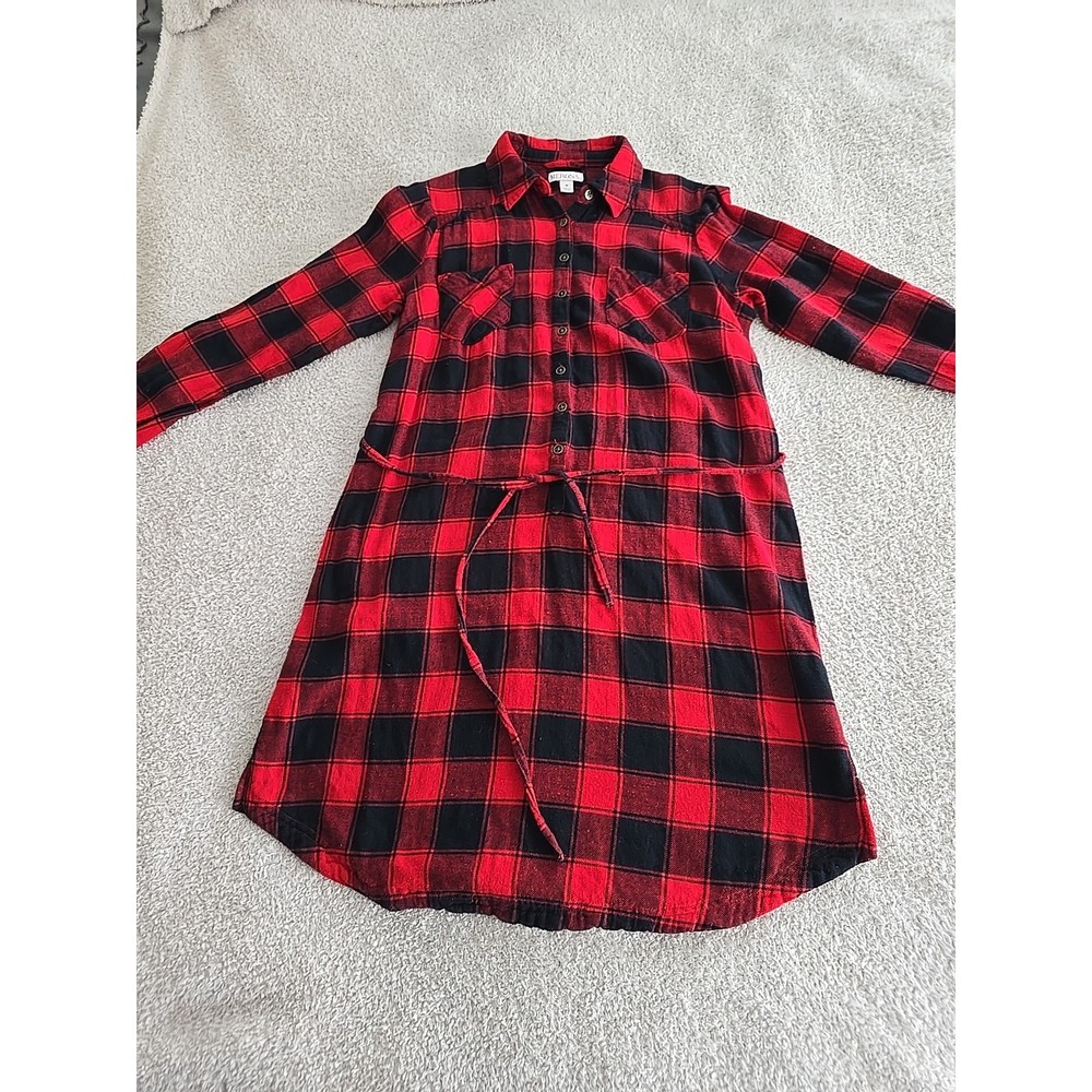 Merona Buffalo Plaid Red Black Dress‎ Long Sleeve Button Front Waist Tie Sz M